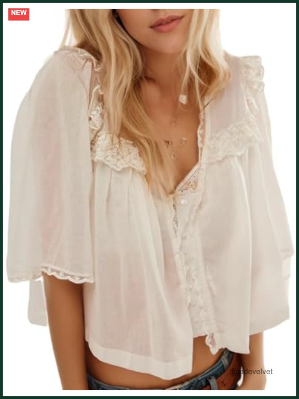 Women's Oversized Crop Boho Lace Half Sleeve V-Neck Button Down Blouse Y2K Top